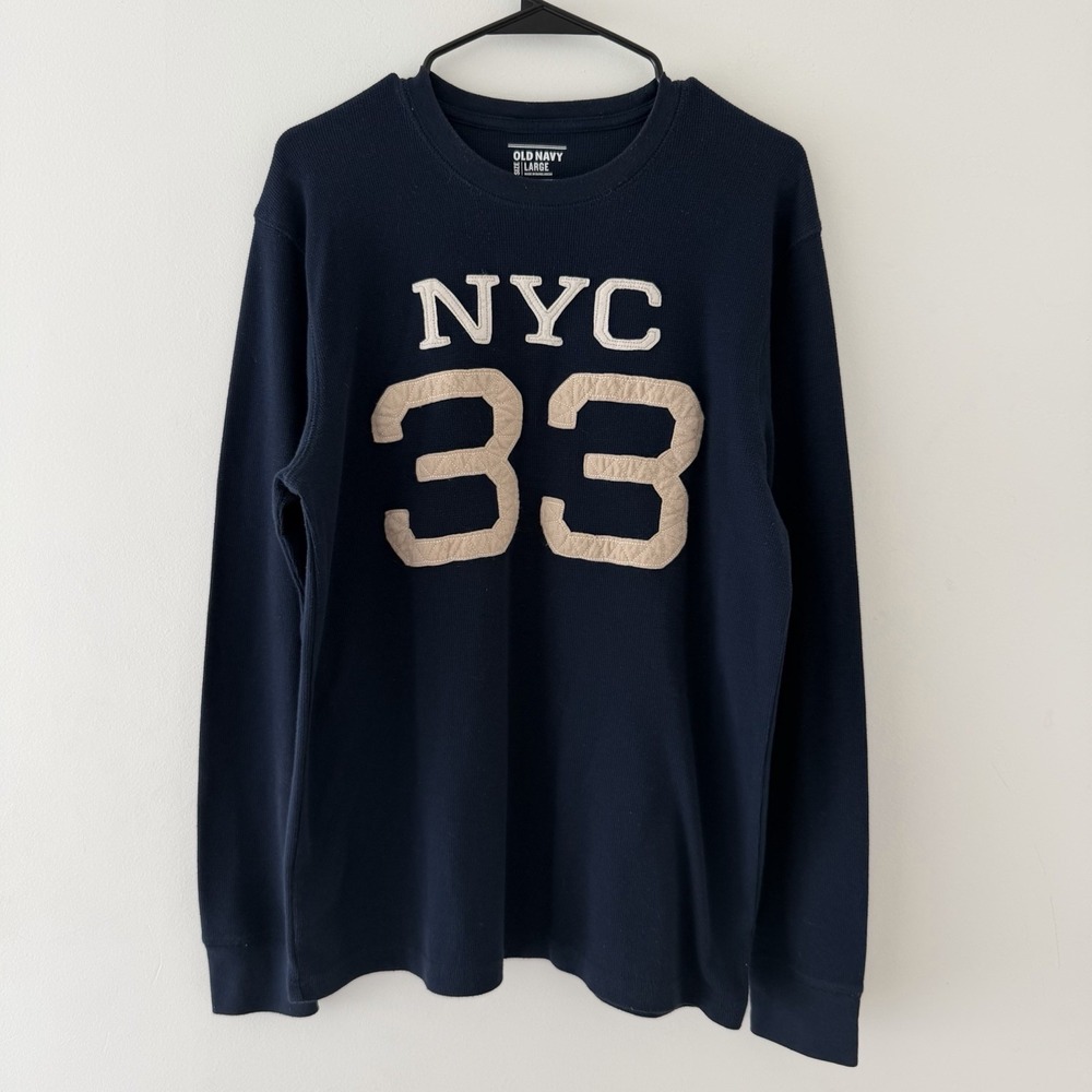 Y2K Navy Waffle Knit Thermal Long Sleeve Varsity Athletic Streetwear Top‎ L